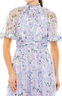 Mac Duggal - Floral Print High Neck Raglan Sleeve Dress