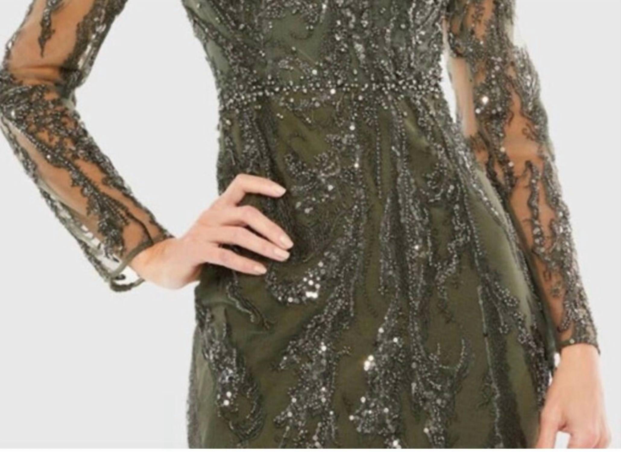 MAC DUGGAL Beaded V Neck Gown in olive green - women's dress - alternate view