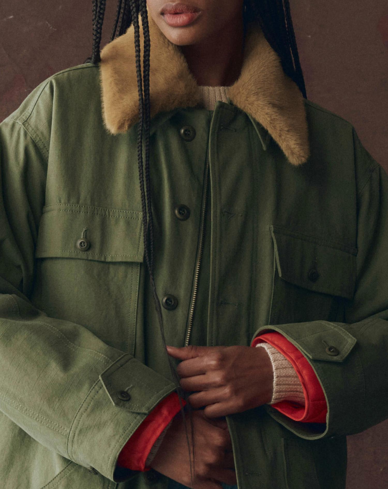 THE GREAT. Reversible Quilted Liner Parka Jacket in army hot orange - women's jacket - alternate view