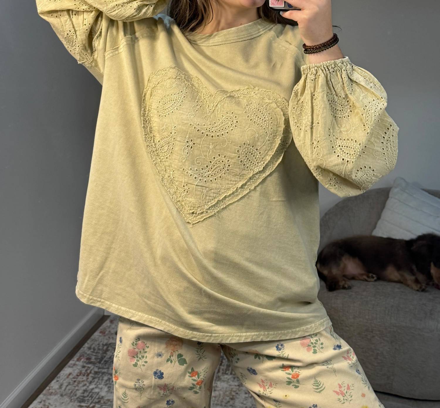 Easel - Lacie Eyelet Sleeve Heart Patch Top