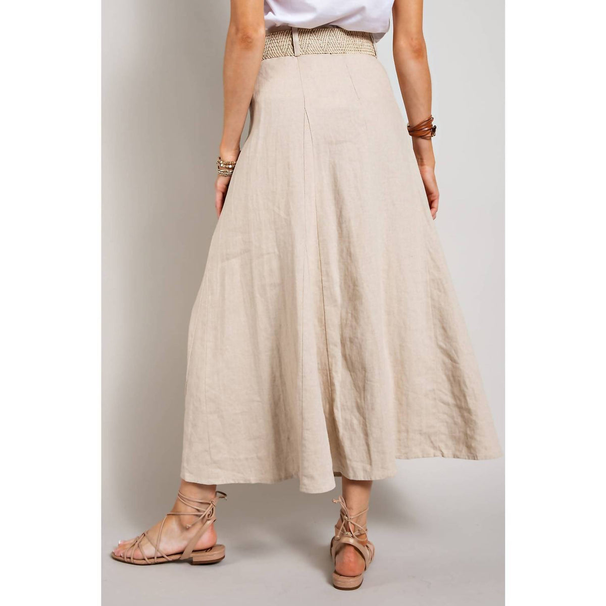 Sweet Generis - Linen Maxi Flare Skirt With Trim Belt