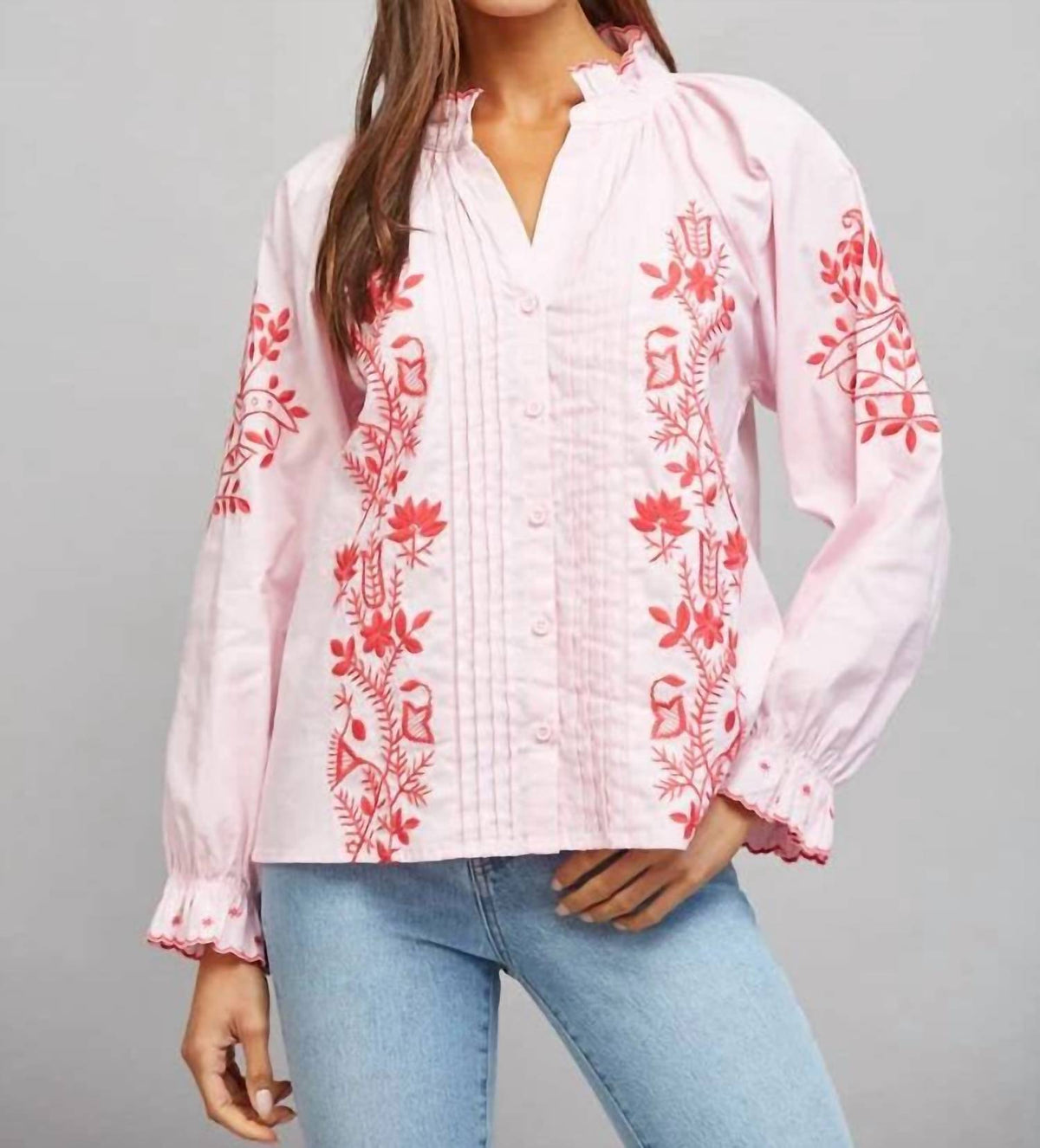 Miou Muse - Take Me There Embroidered And Pintuck Detail Top
