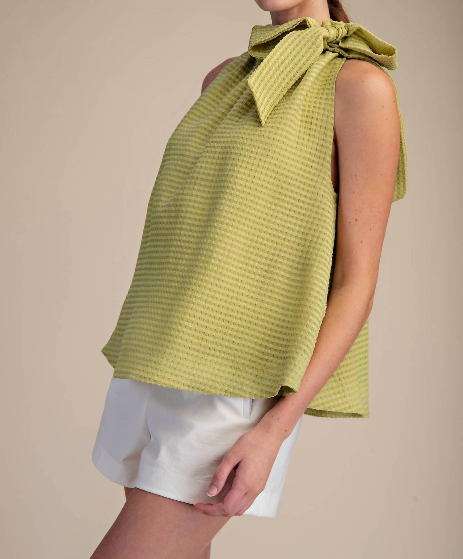 GLAM Ruffle Neck Tie Sleeveless Top in green - women's blouse - alternate view