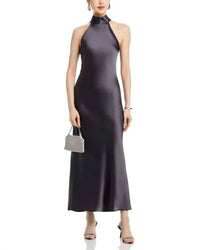 STEVE MADDEN Skylar Satin Halter Midi Dress in blackened pearl - women's dress - detail view