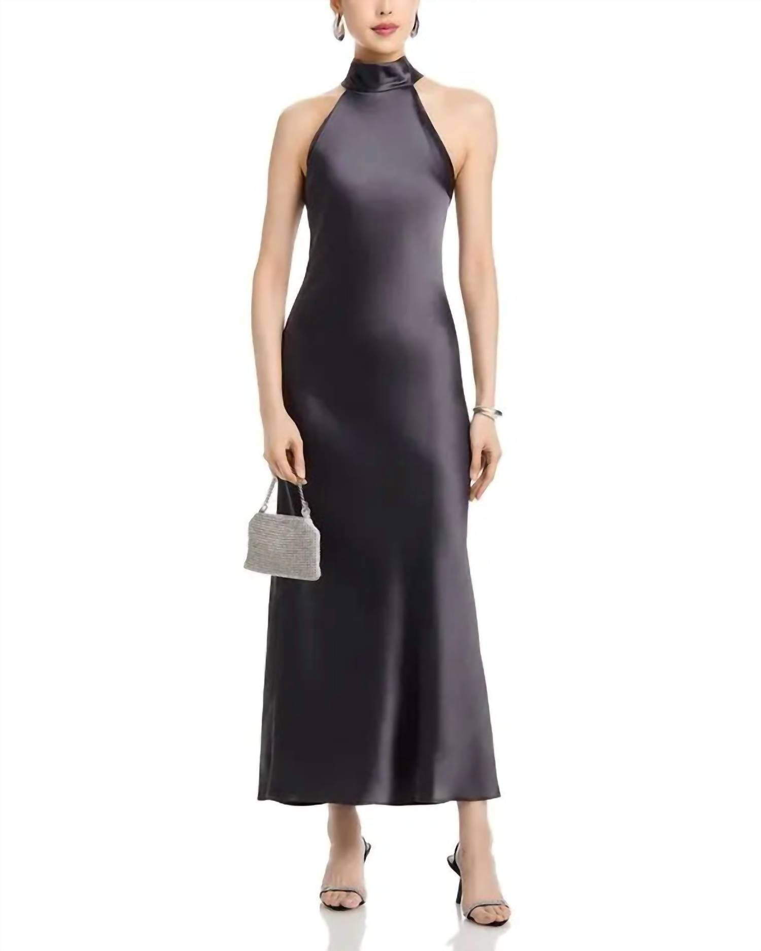 STEVE MADDEN Skylar Satin Halter Midi Dress in blackened pearl - women's dress - detail view