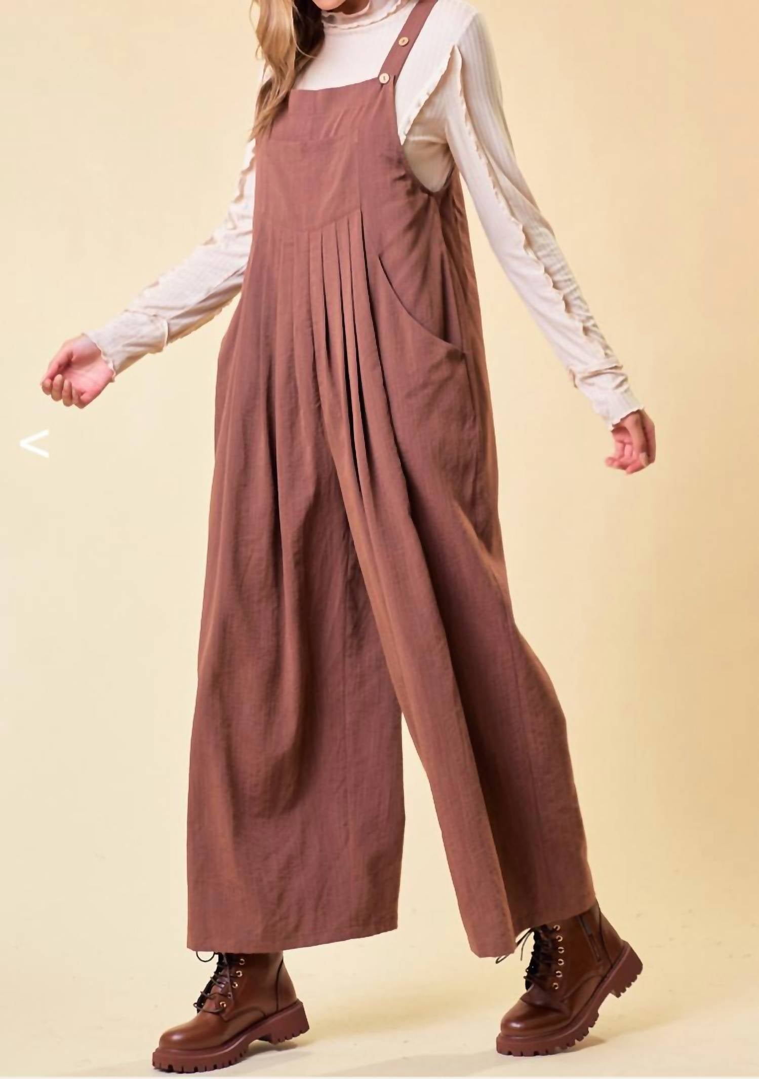 Doe and Rae Over All Wode Leg Jumpsuit in brown - women's pants - alternate view