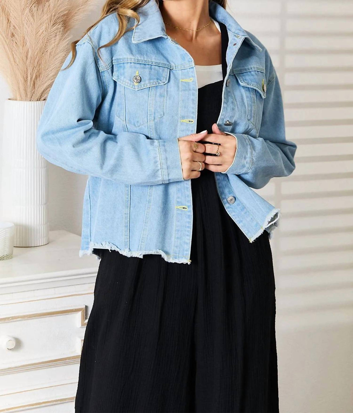 Double Take - Dropped Shoulder Raw Hem Denim Jacket