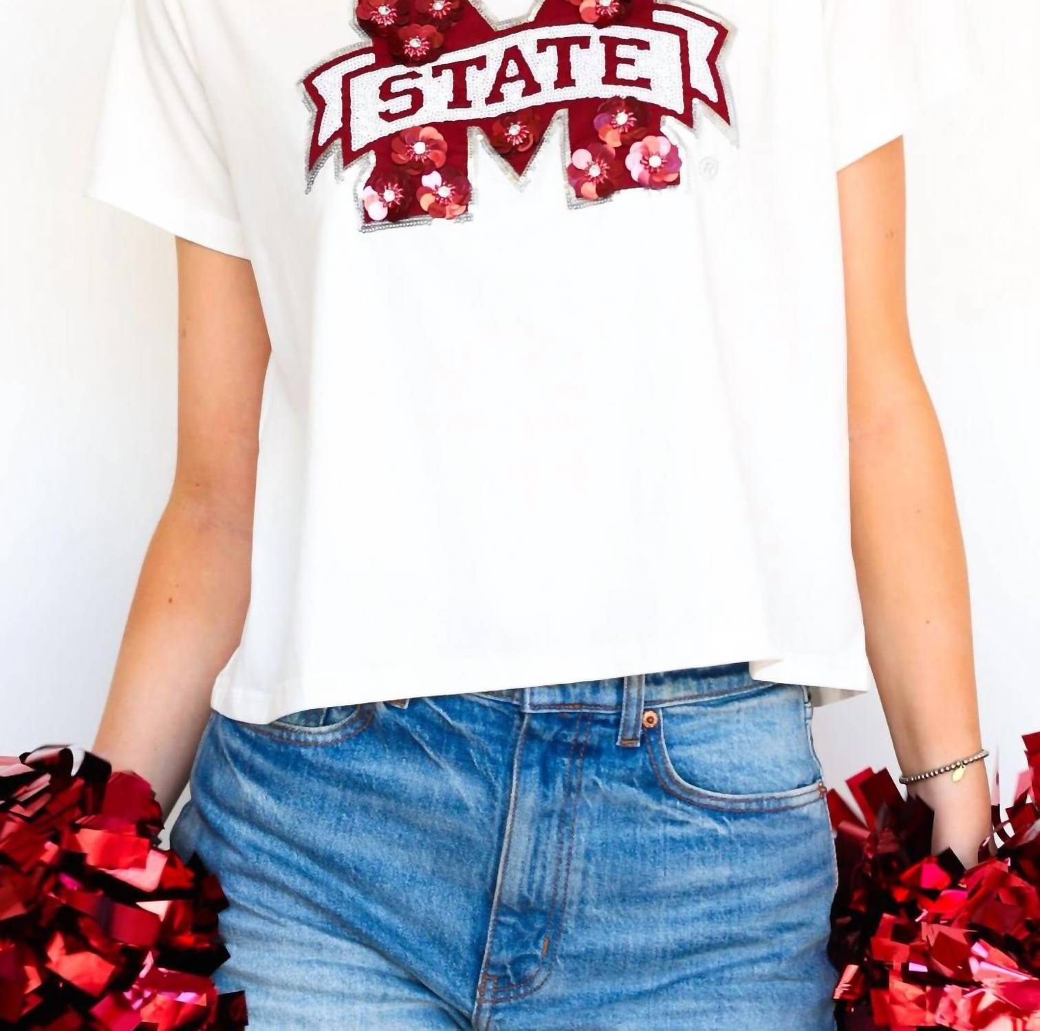 Queen Of Sparkles - Licensed Miss State Mascot Sequin Flower Tee