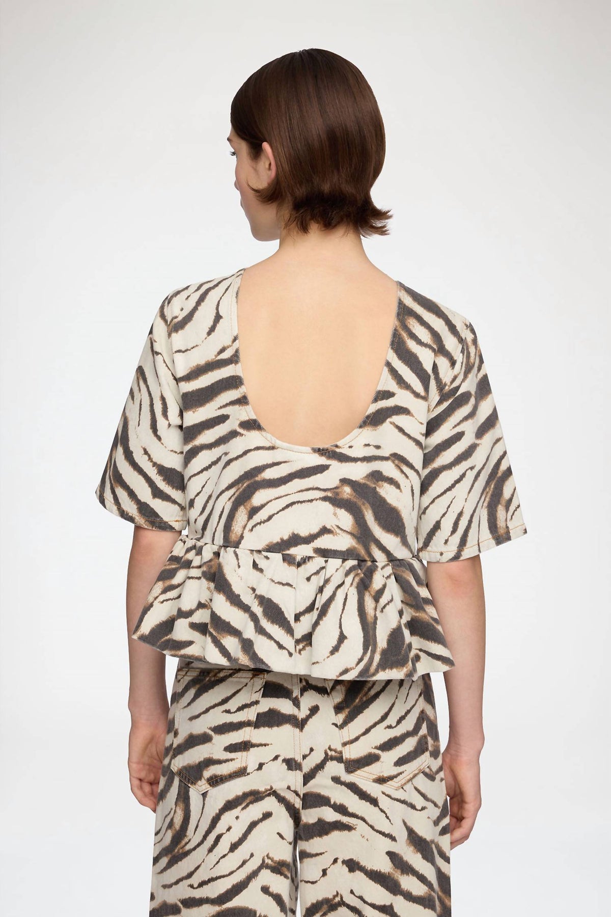 Ganni - Print Denim Flounce Top