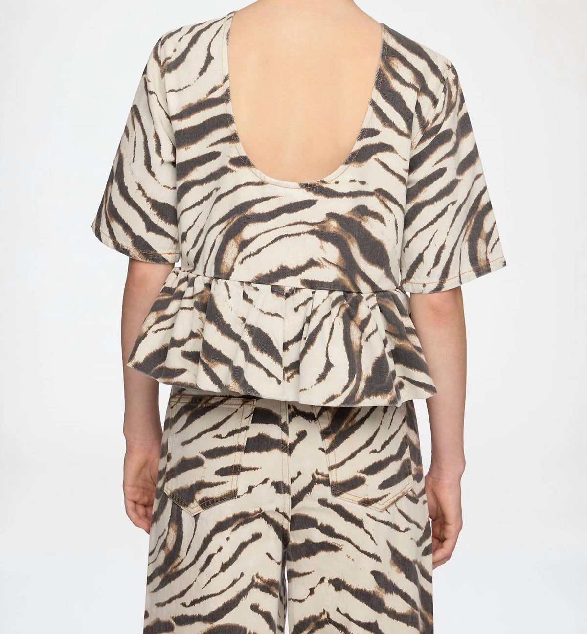 Ganni - Print Denim Flounce Top