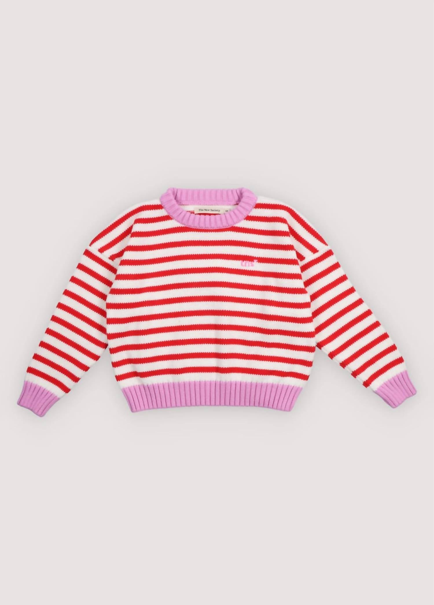 The New Society Marigold Jumper in tulip red pink lavander stripes - kids' sweater - view 4