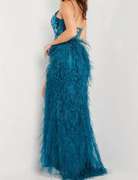 JOVANI Embellished Bodice V-neck Feather Skirt Gown in peacock - women's dress - alternate view