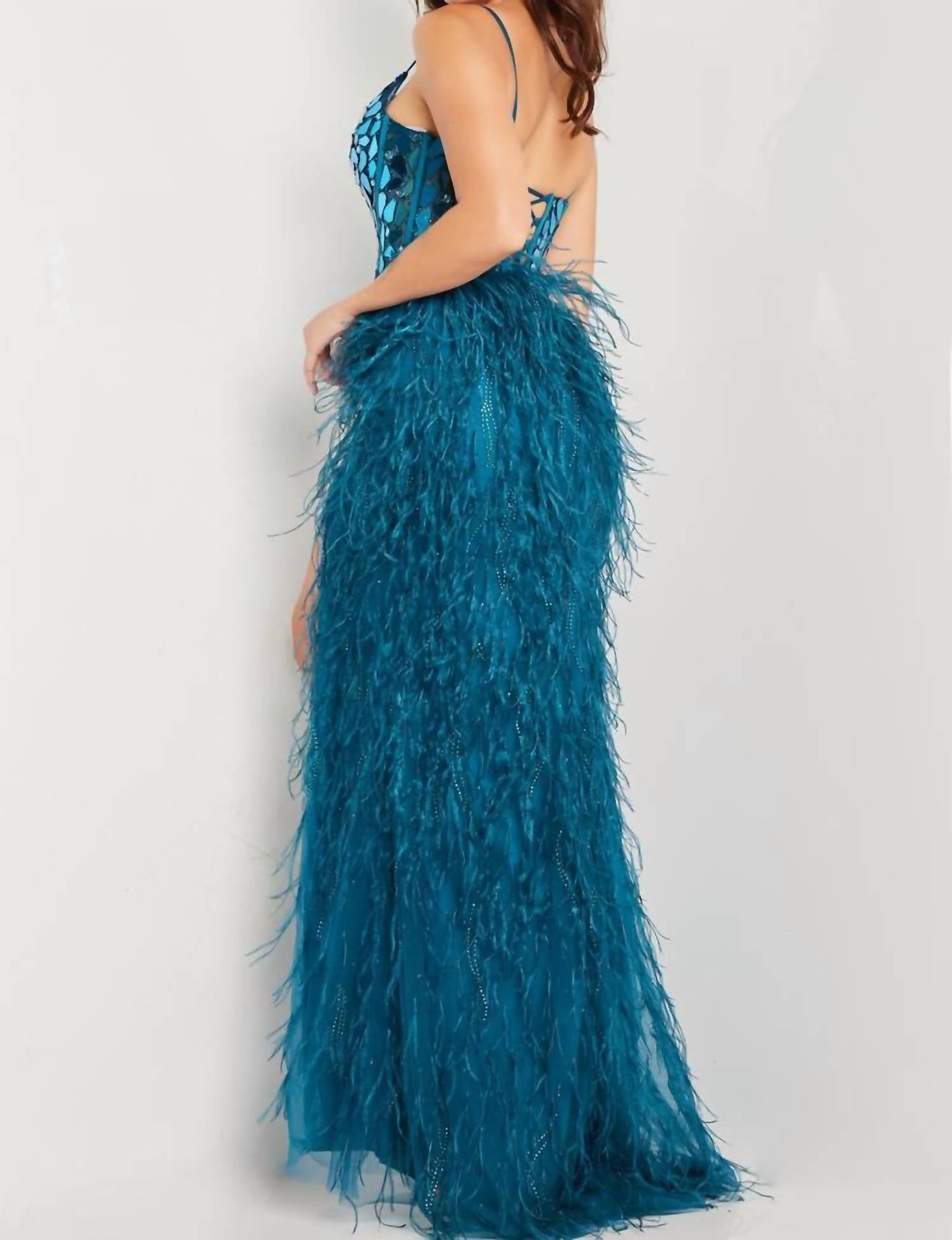JOVANI Embellished Bodice V-neck Feather Skirt Gown in peacock - women's dress - alternate view