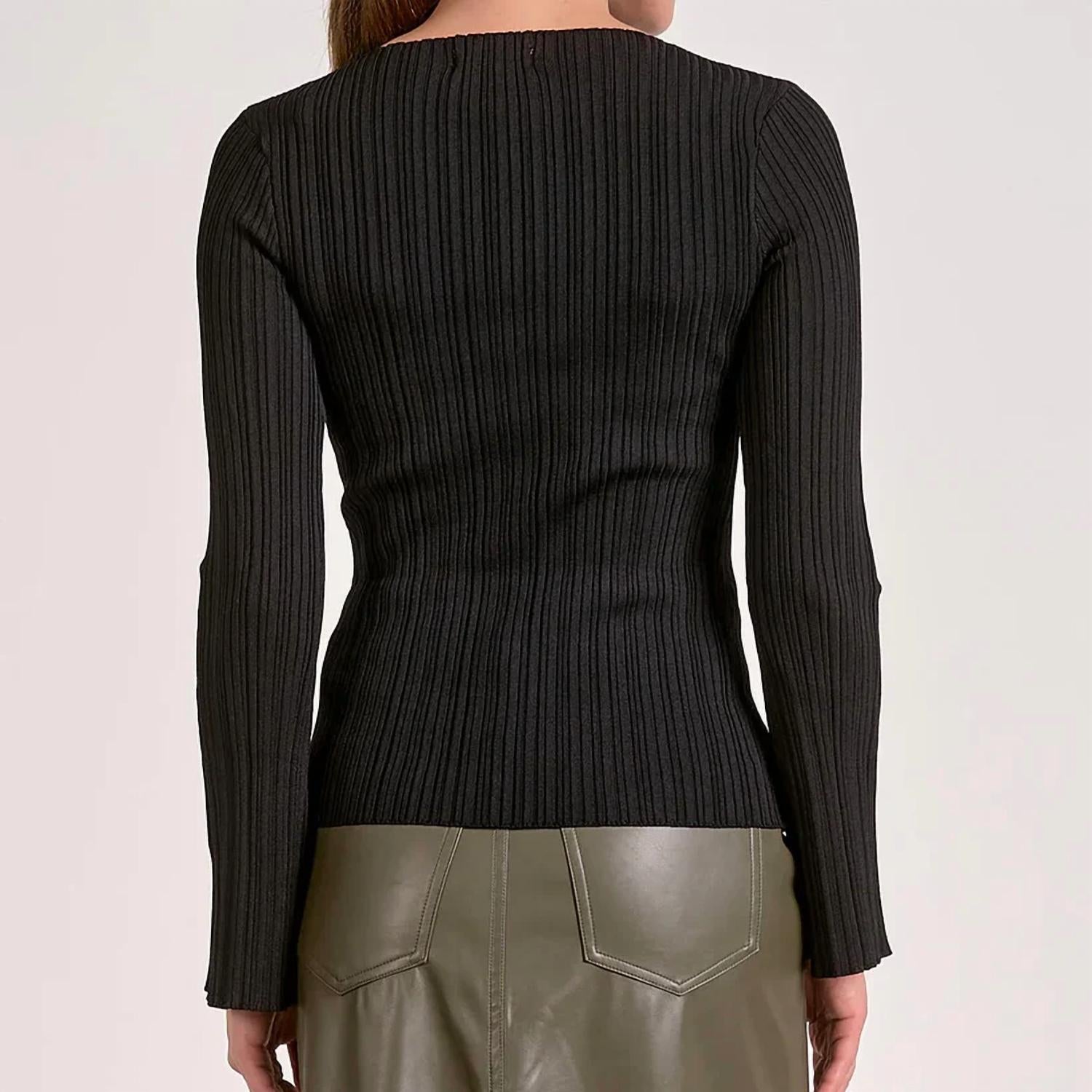 ELAN Ribbed Long Sleeve Top in black - women's long sleeve top - detail view