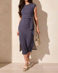 Tribal - Waist Tie Nautical Striped French Terry Dress