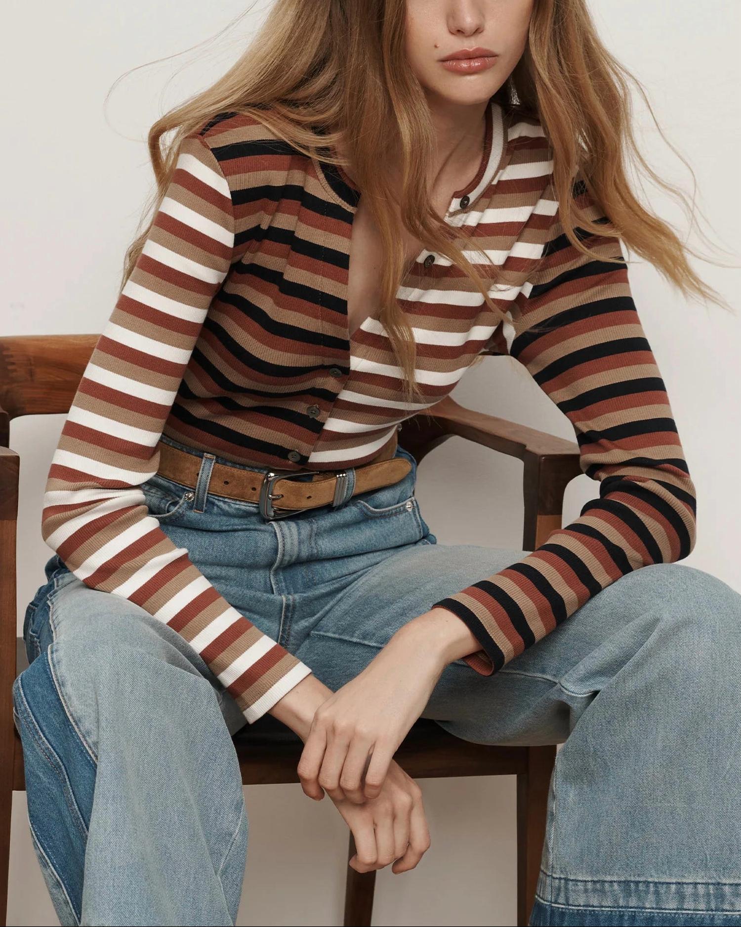 Veronica Beard Long Sleeve Dilia Top in malt navy red oak - women's long sleeve top - alternate view