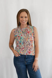 Lime N Chili - Graphic Print Ruffle Mock Neck Sleeveless Western Top