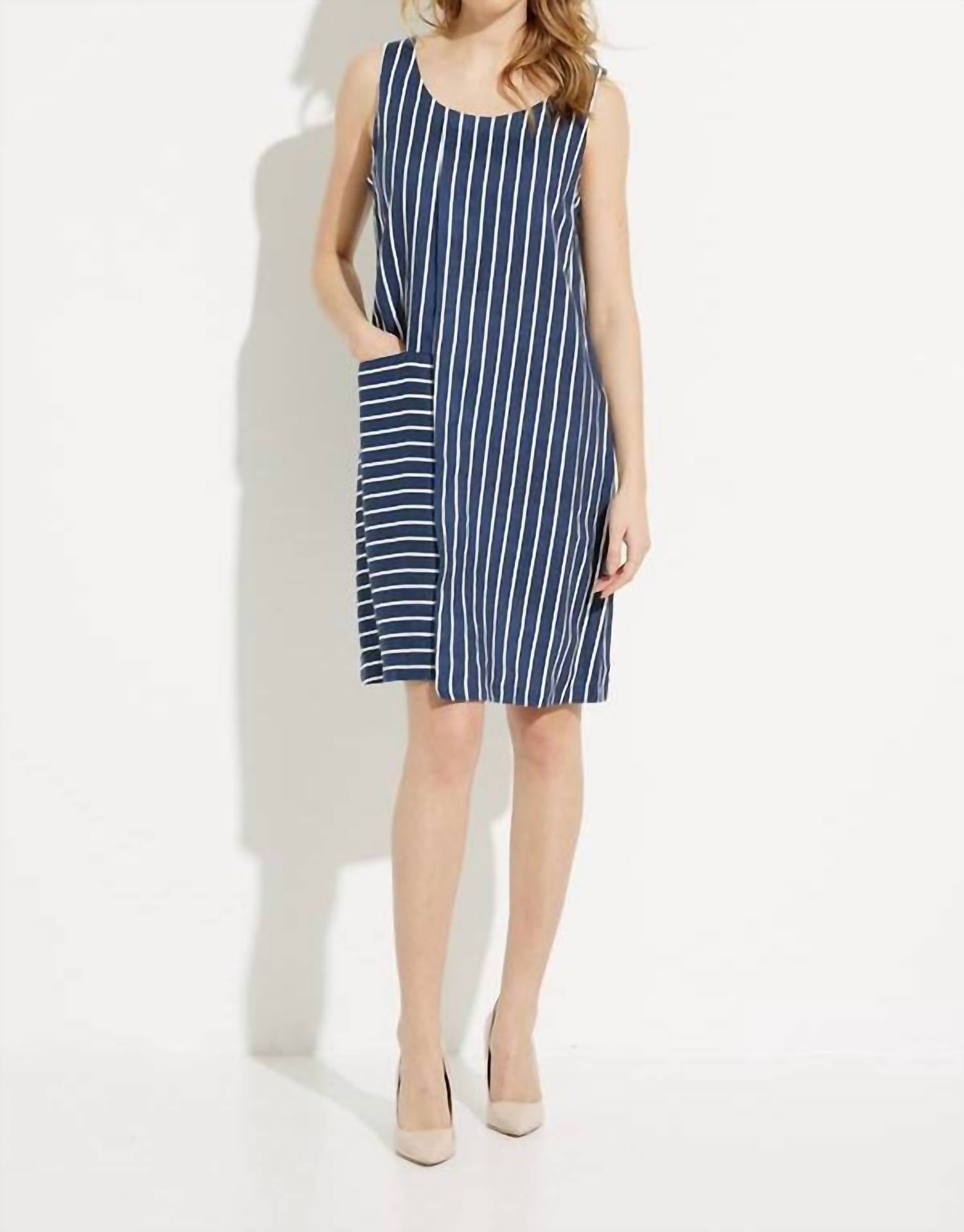 Charlie B - Linen Asymmetrical Stripe Dress with Front Pocket