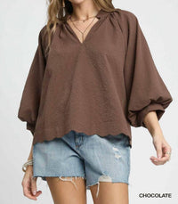 umgee Split V-neck Top With Balloon Sleeves in brown - women's blouse