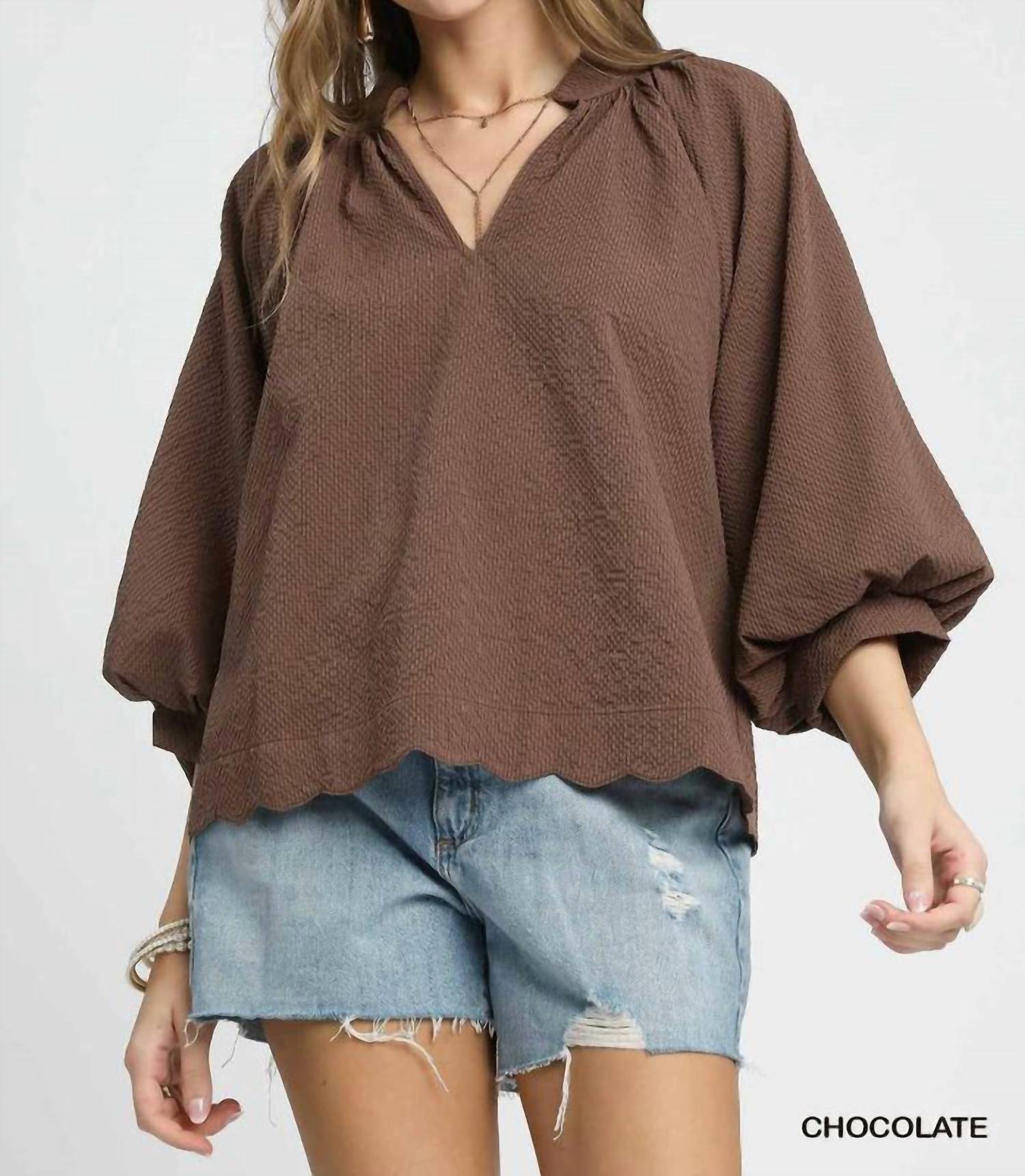 umgee Split V-neck Top With Balloon Sleeves in brown - women's blouse