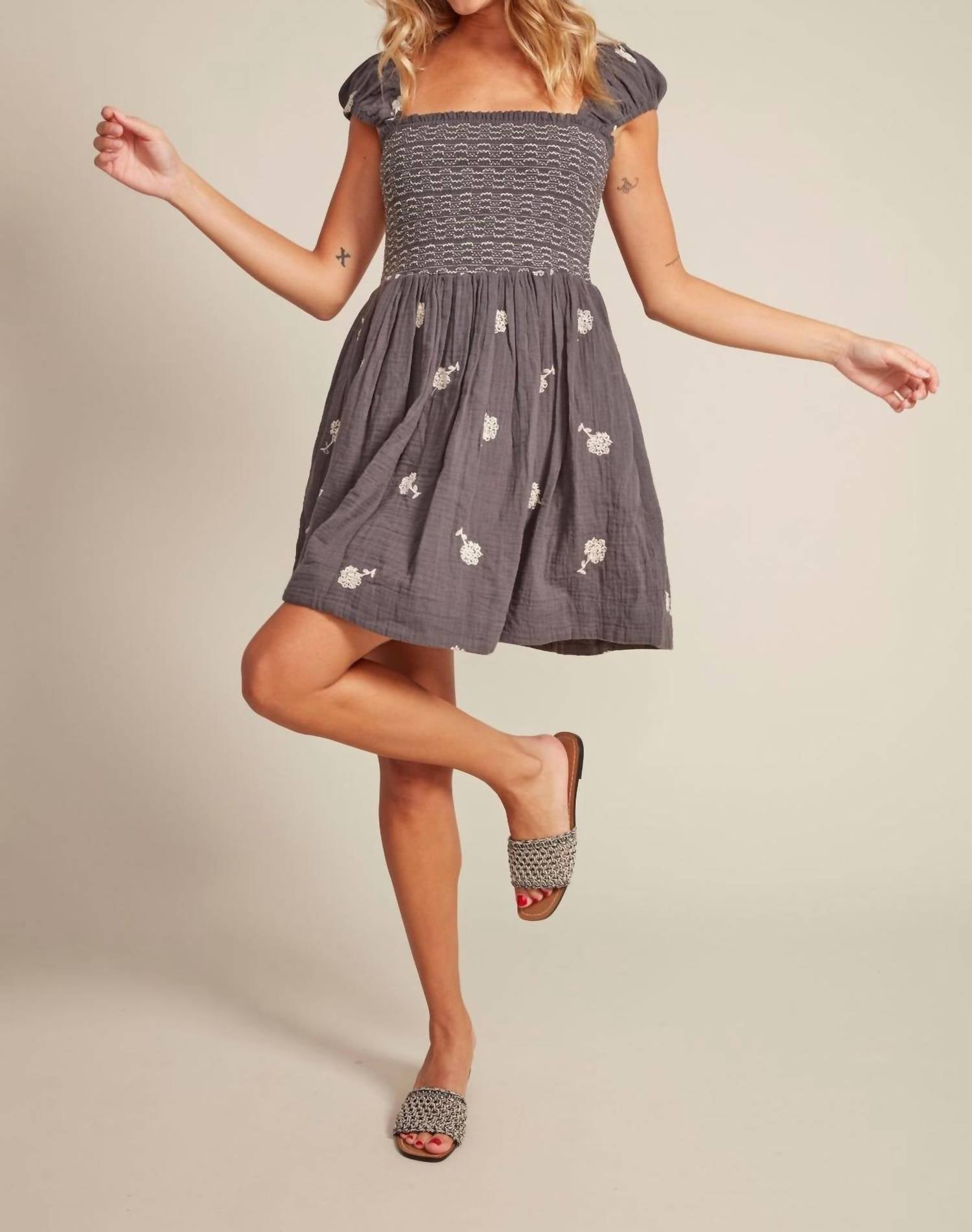 Rd Style - Francis Shirred With Embroidery Dress