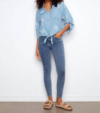 CHARLIE B 3/4 Rolled Up Sleeves Blouse With Floral Embroidery And Front Tie in light blue - women's blouse - view 4