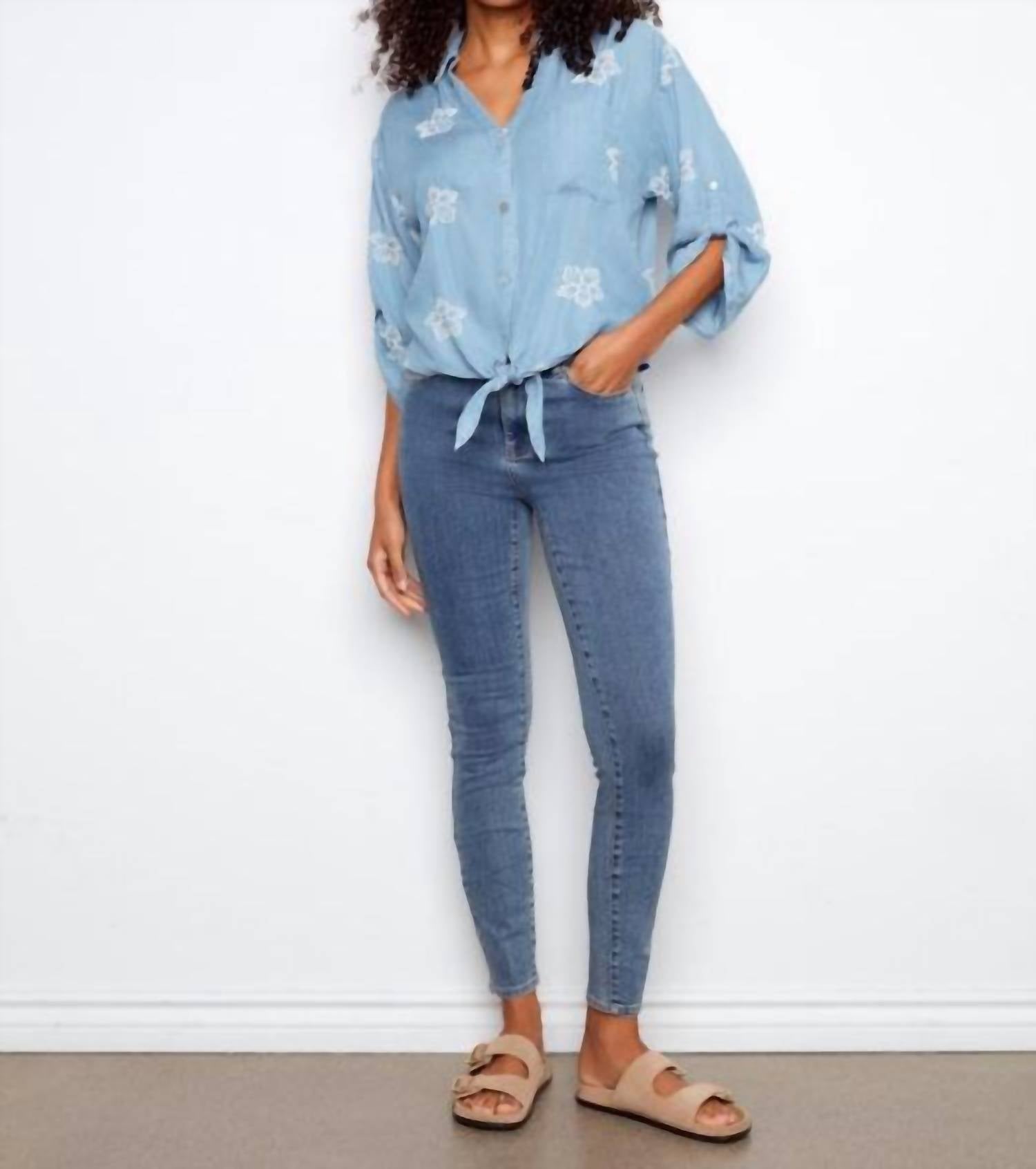 CHARLIE B 3/4 Rolled Up Sleeves Blouse With Floral Embroidery And Front Tie in light blue - women's blouse - view 4