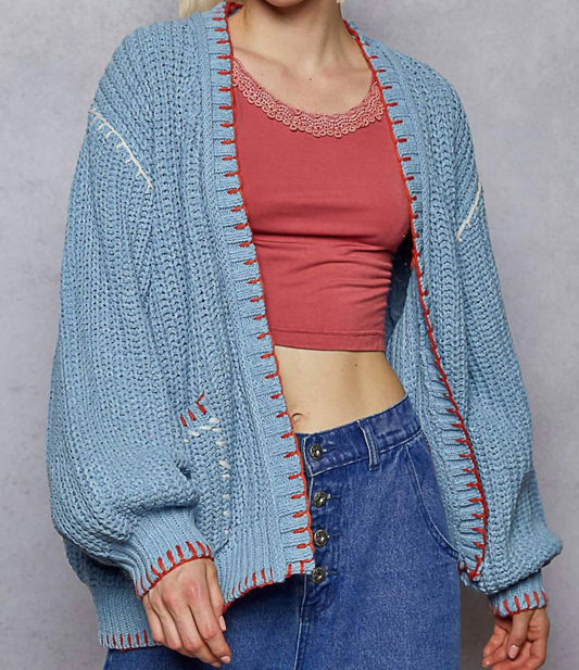 Pol - Pattern Blanket Stitch Balloon Sleeve Open Cardigan