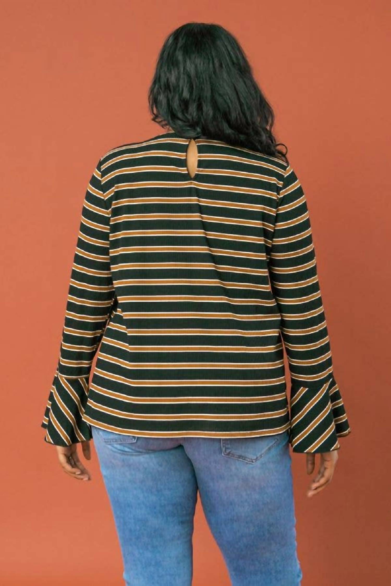 Flying Tomato - Stripe Ruffle Sleeve Top - Plus