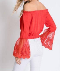 Davi & Dani - Off Shoulder With Sheer Lace Detailed Bell Sleeves Top