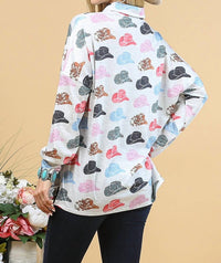 Avery Apparel - Hat Print Button Down Long Sleeve Top