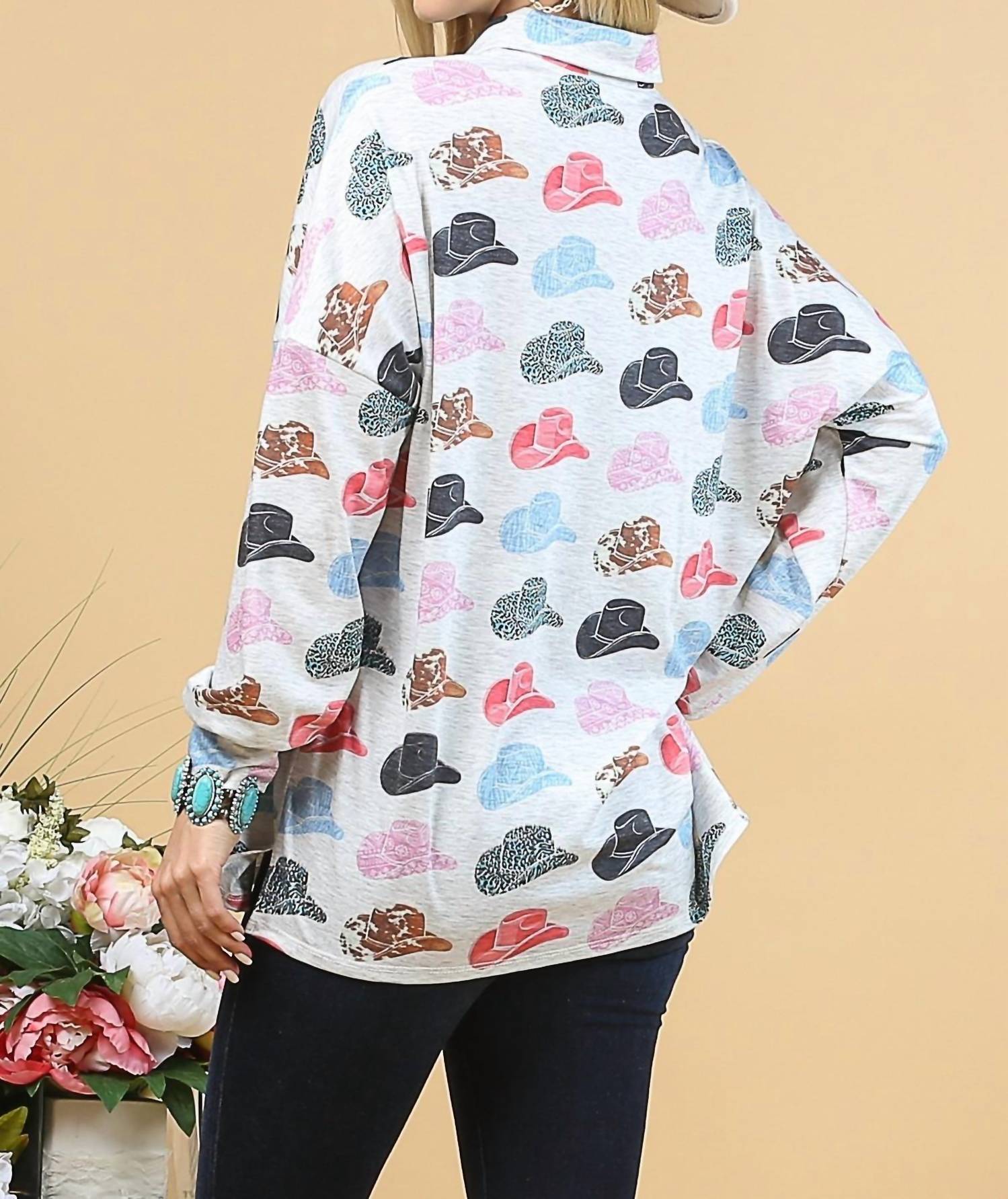 Avery Apparel - Hat Print Button Down Long Sleeve Top