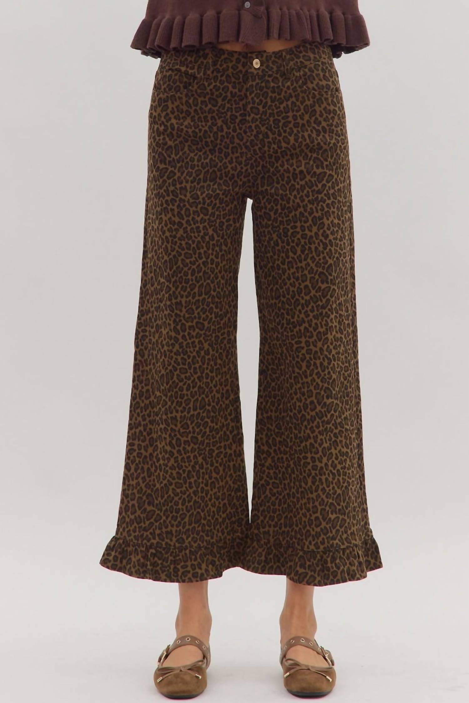 entro Wild Ruffle Trim Pants in leopard - women's pants