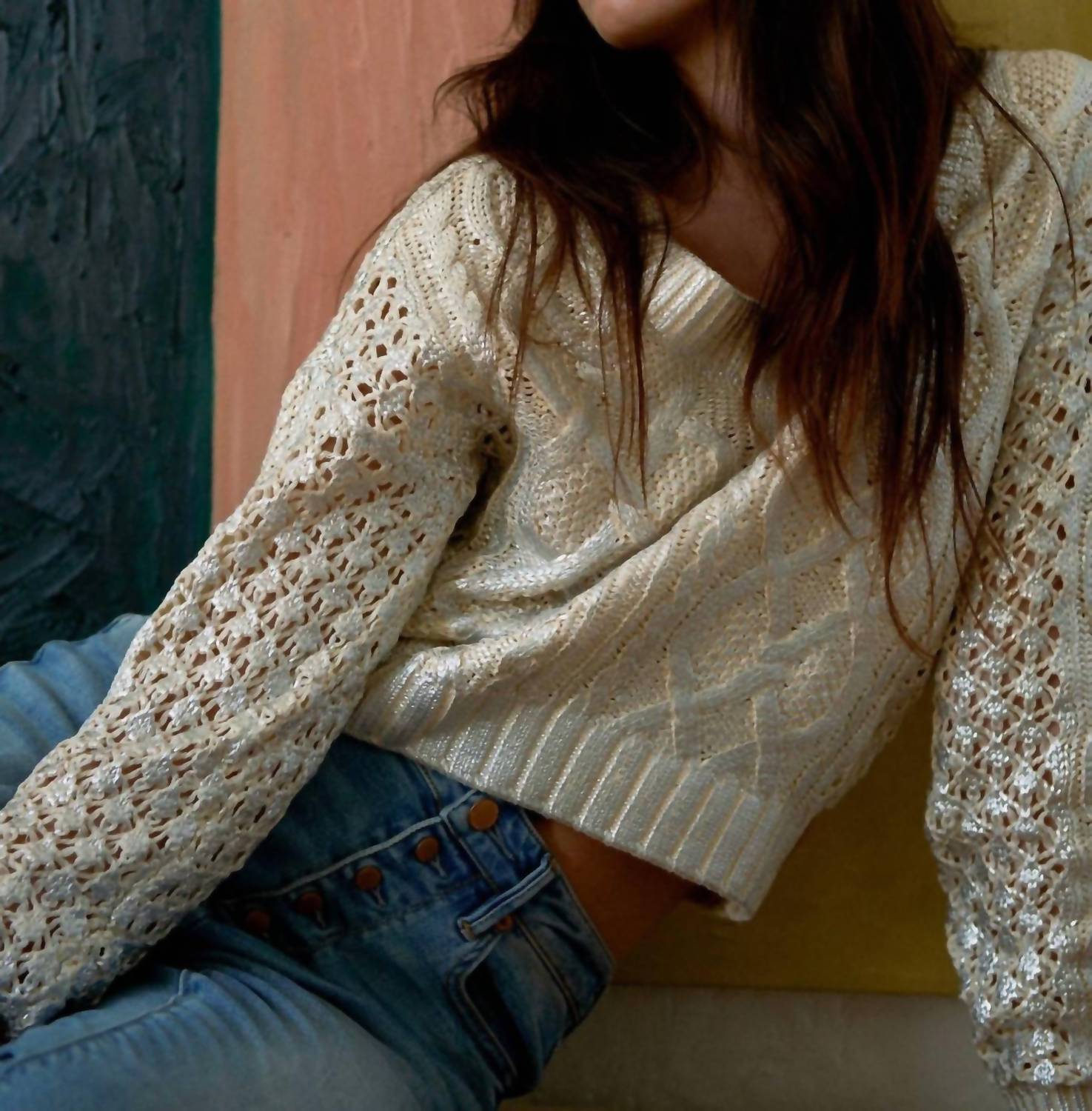 Another Love - Claudia V Neck Textured Metallic Sweater