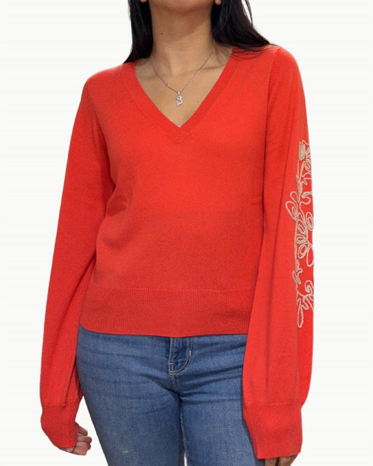 Autumn Cashmere - Puff Sleeve V Sweater With Contrast Embroidery
