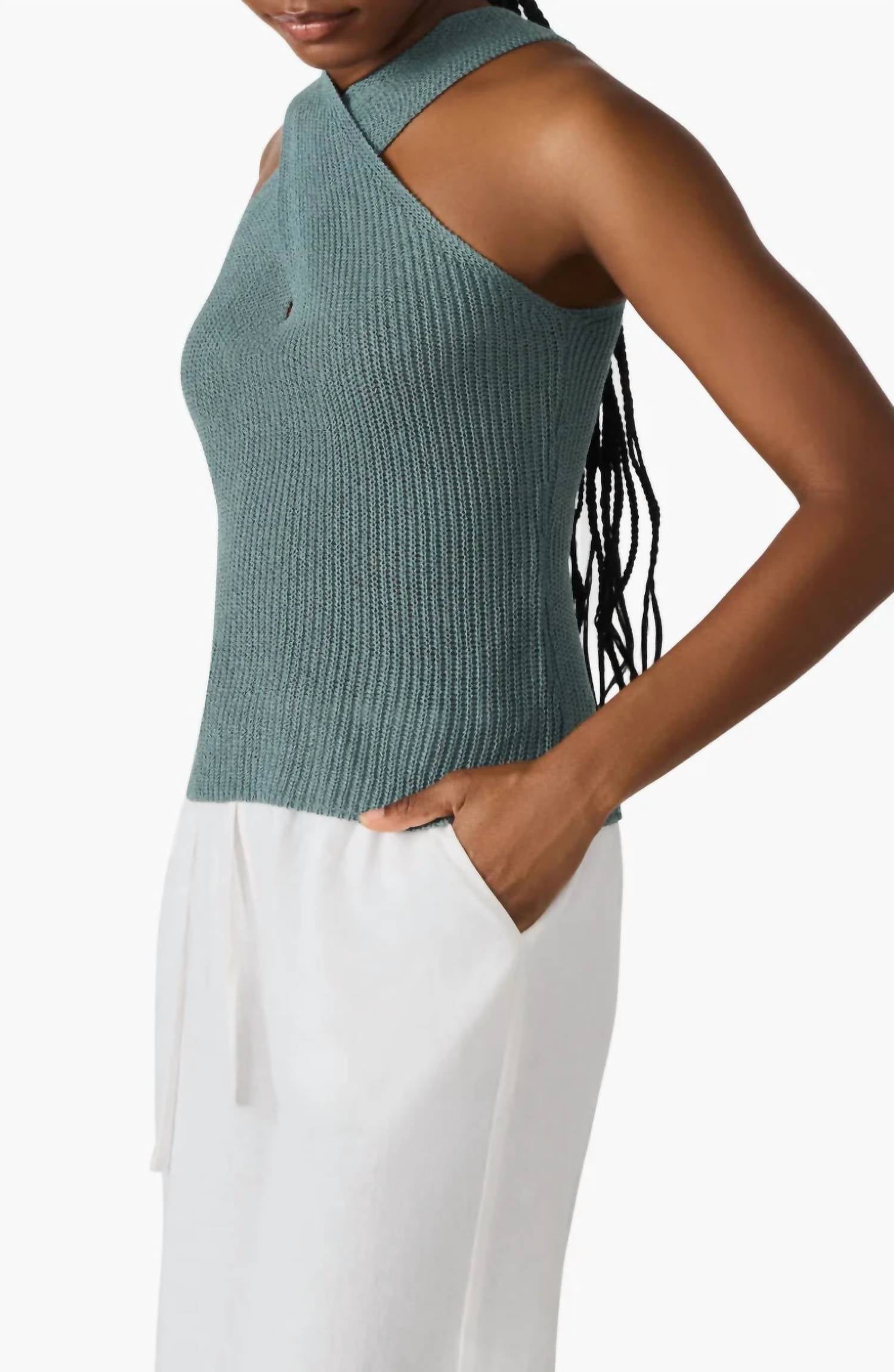 STEVE MADDEN Ellery Halter Neckline Sweater in dusty teal - women's cardigan - alternate view