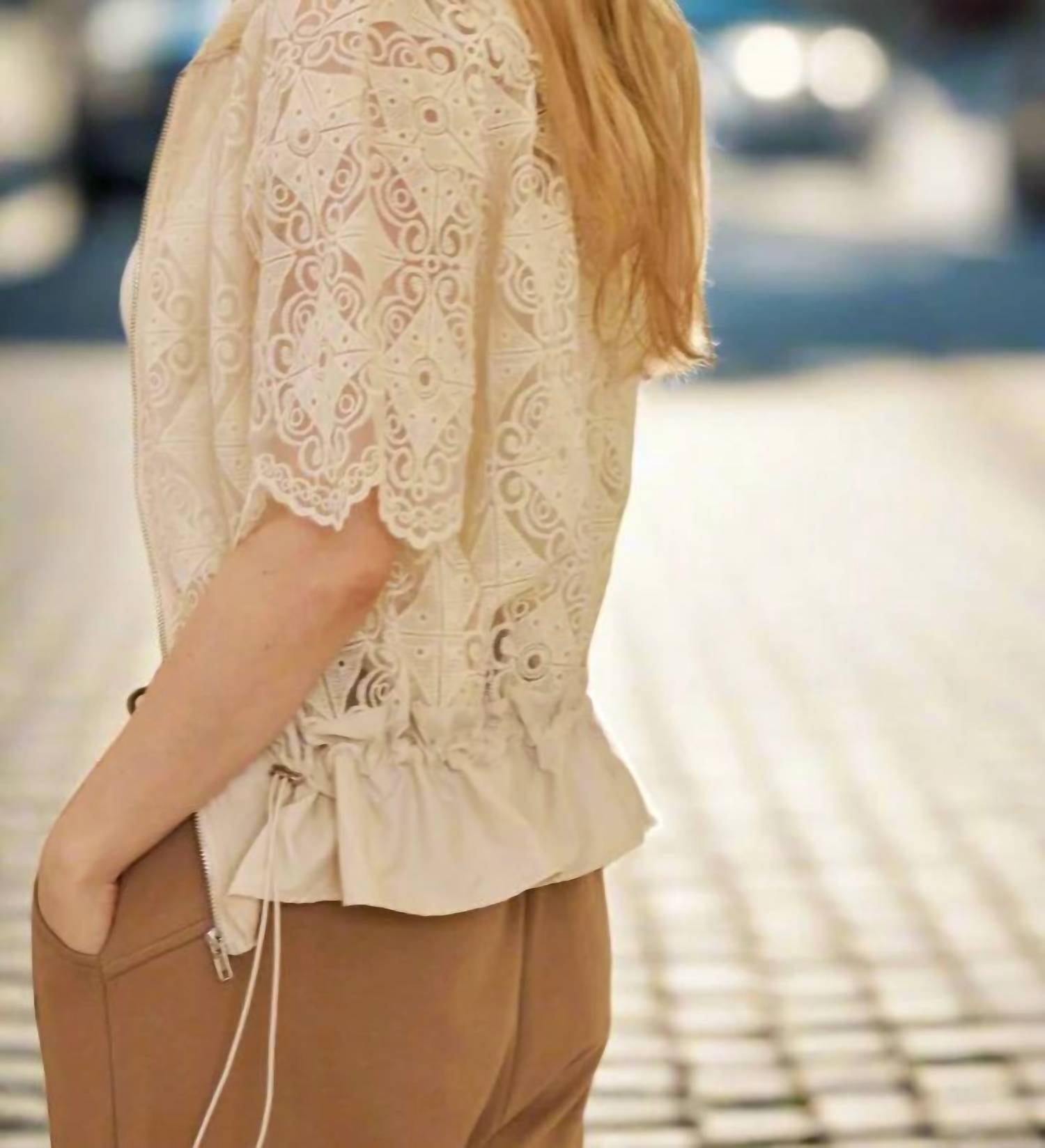 Mello - Zip Up Crocheted Laced Short Sleeve Top With Hood