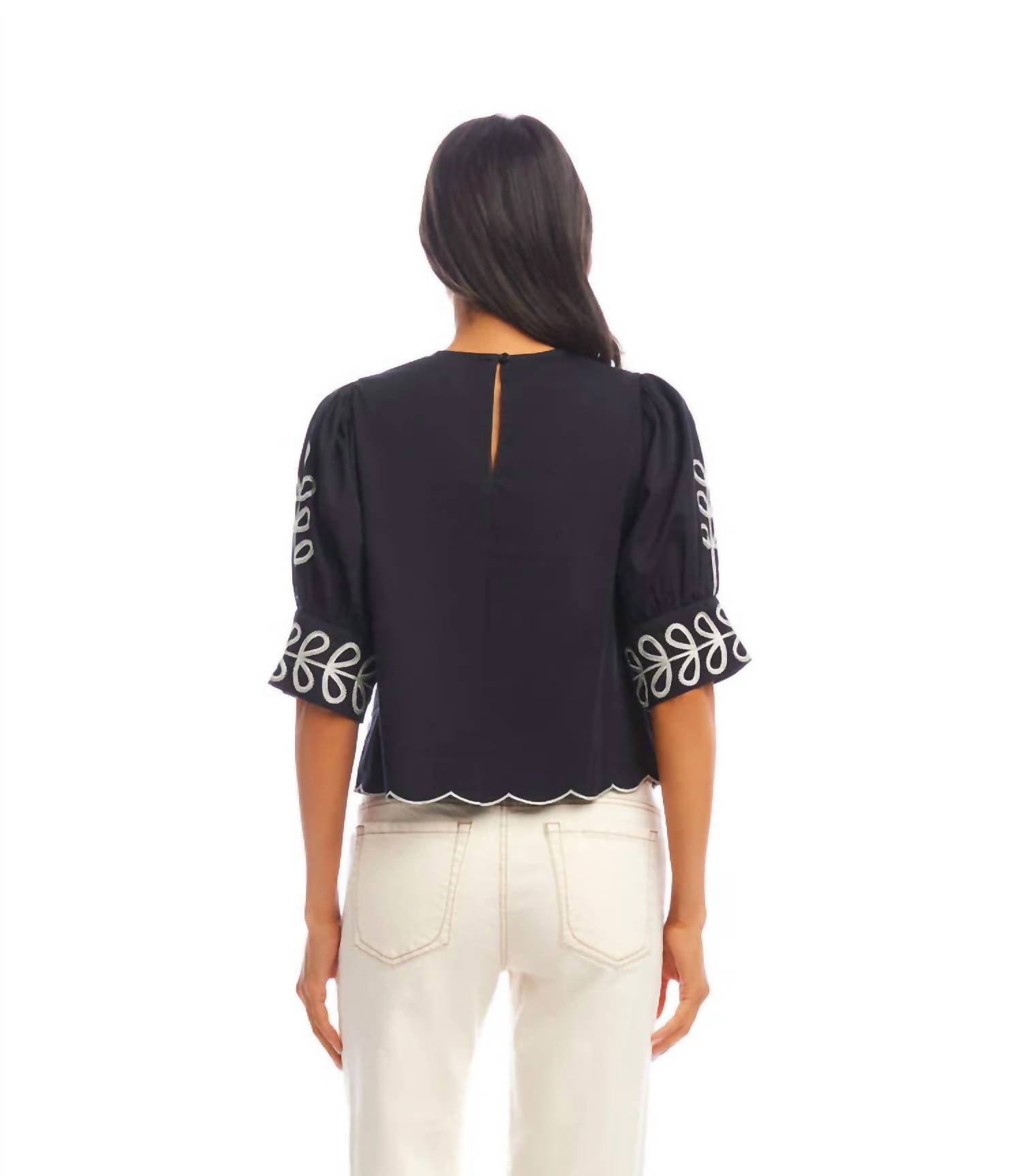 Karen Kane - Tesni Three Quarter Sleeve Embroidered Scallop Top