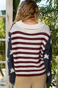 POL American Flag Mohair Sweater Jacket in burgundy navy - women's jacket - detail view