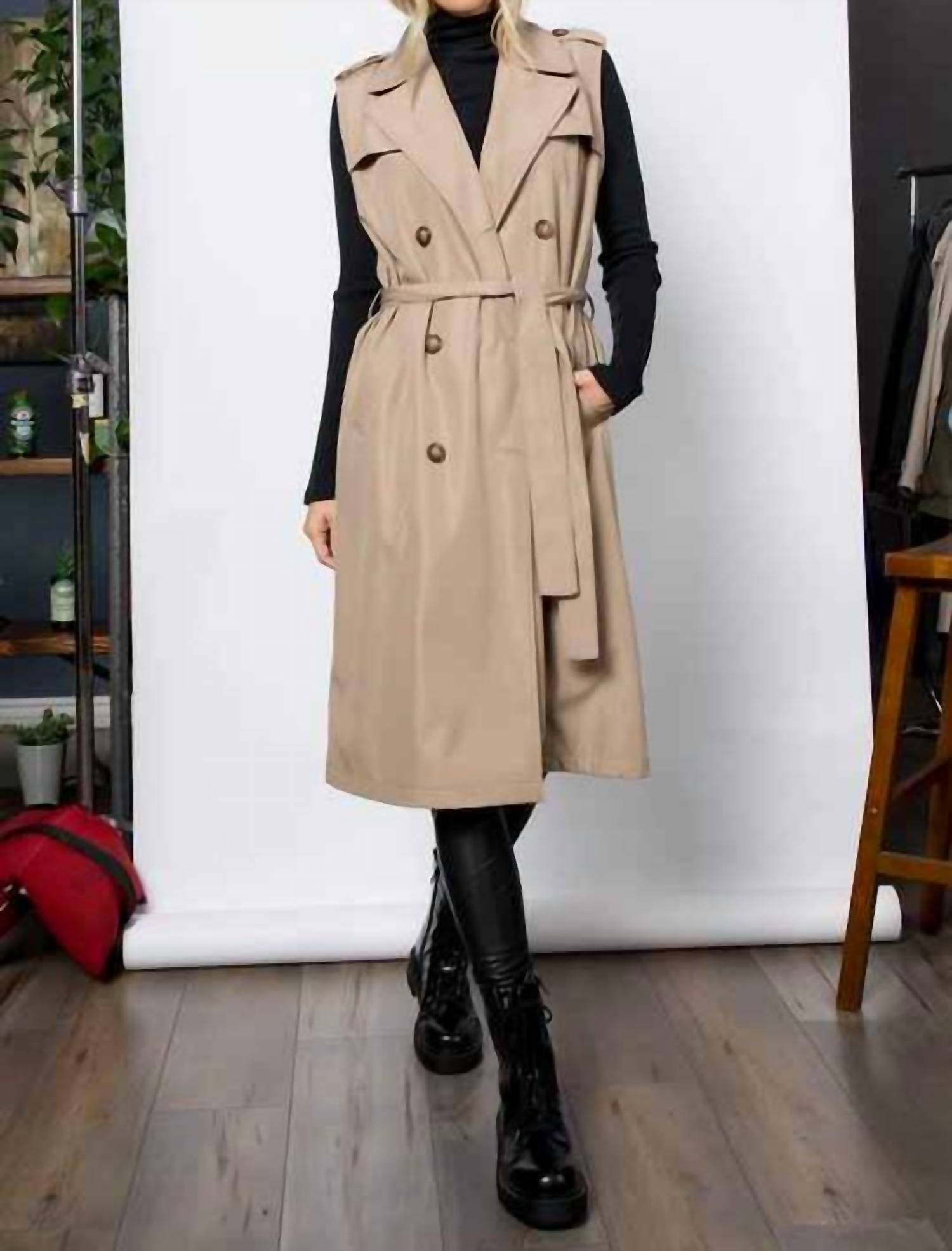 26 International Sleeveless Trench Coat in tan - women's jacket - alternate view