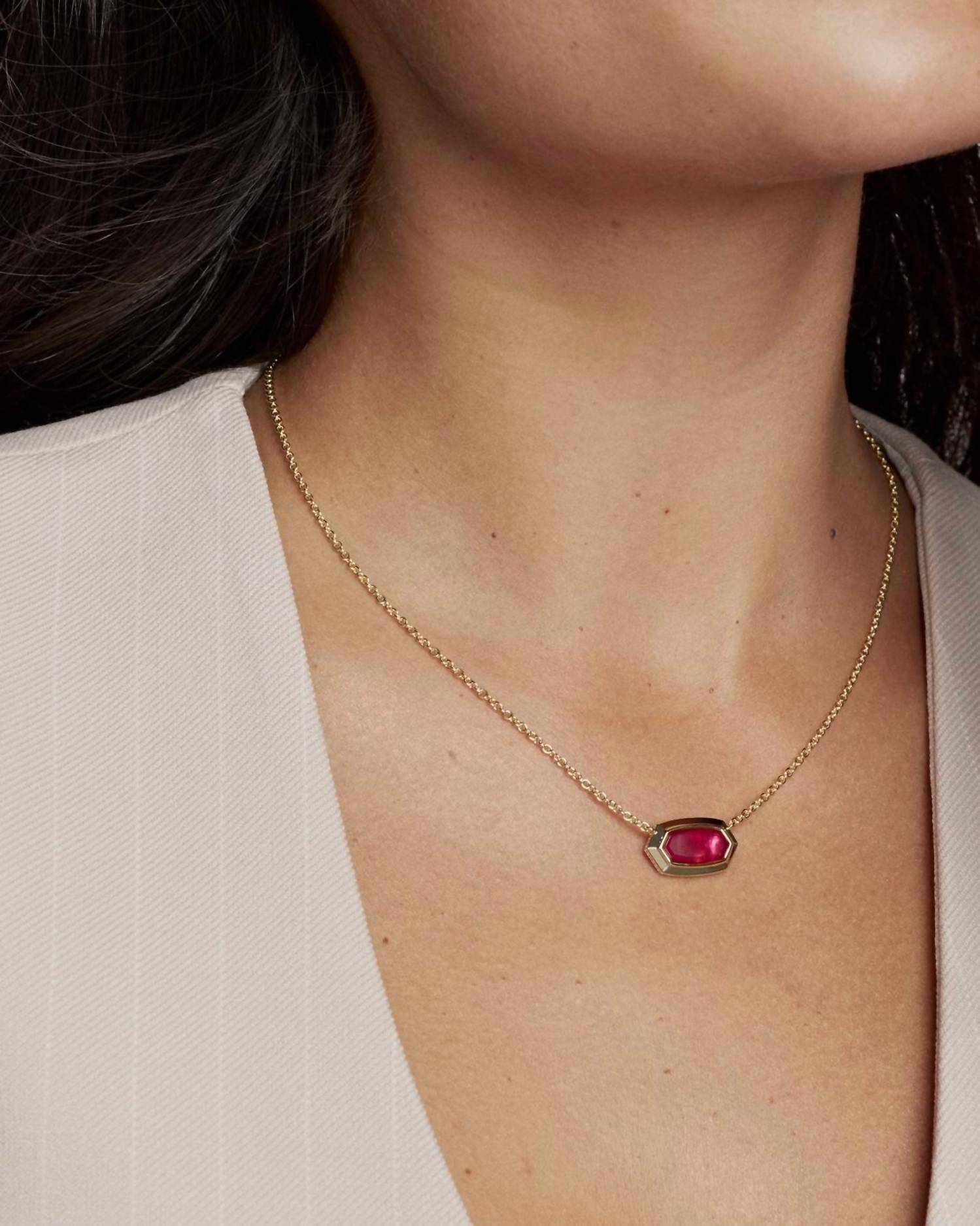 Kendra Scott ELISA BEZEL SHORT PENDANT NECKLACE in gold carmine red illusion - women's jewelry - alternate view