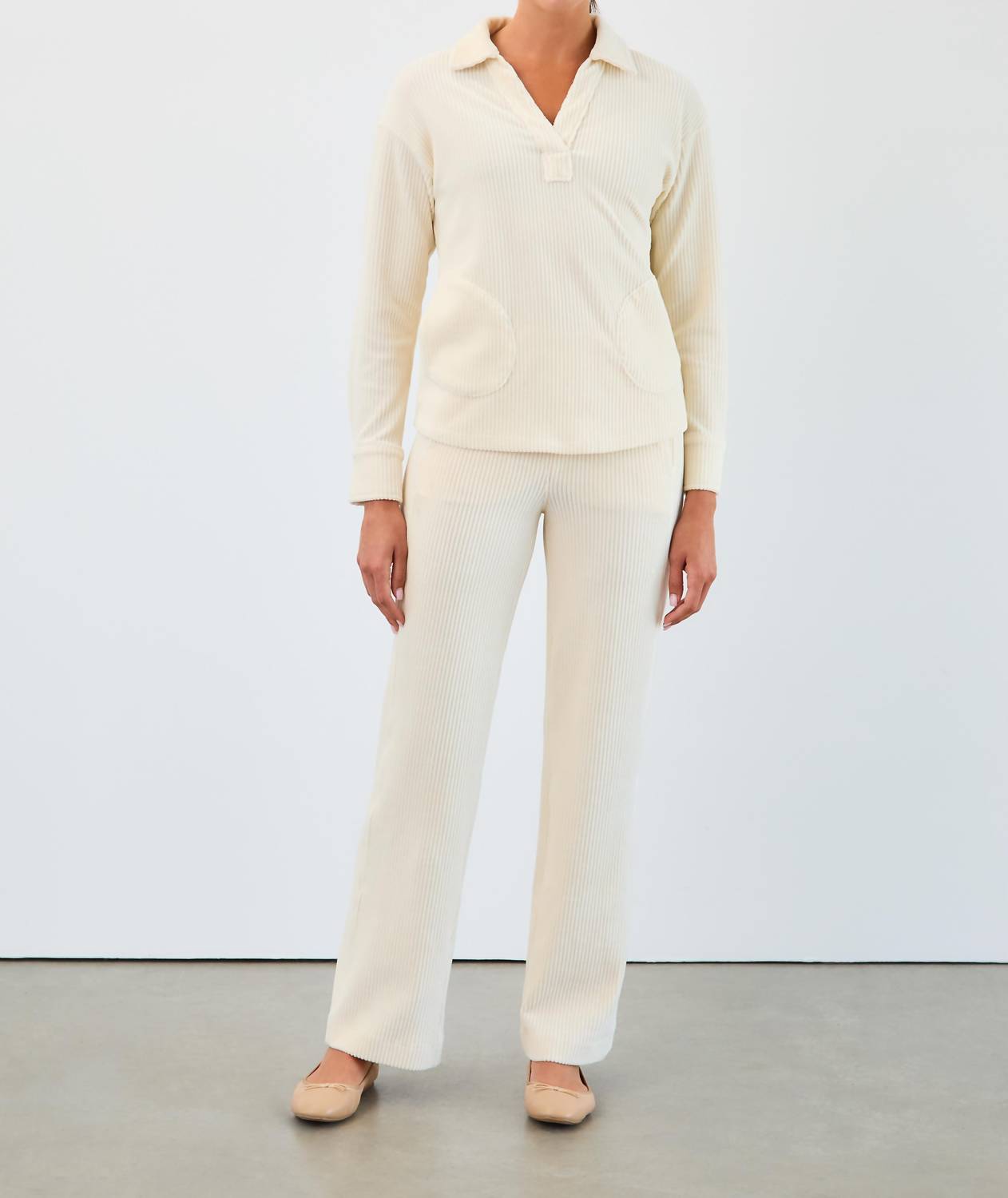FDJ Cord popover with collar Top in cream - women's long sleeve top
