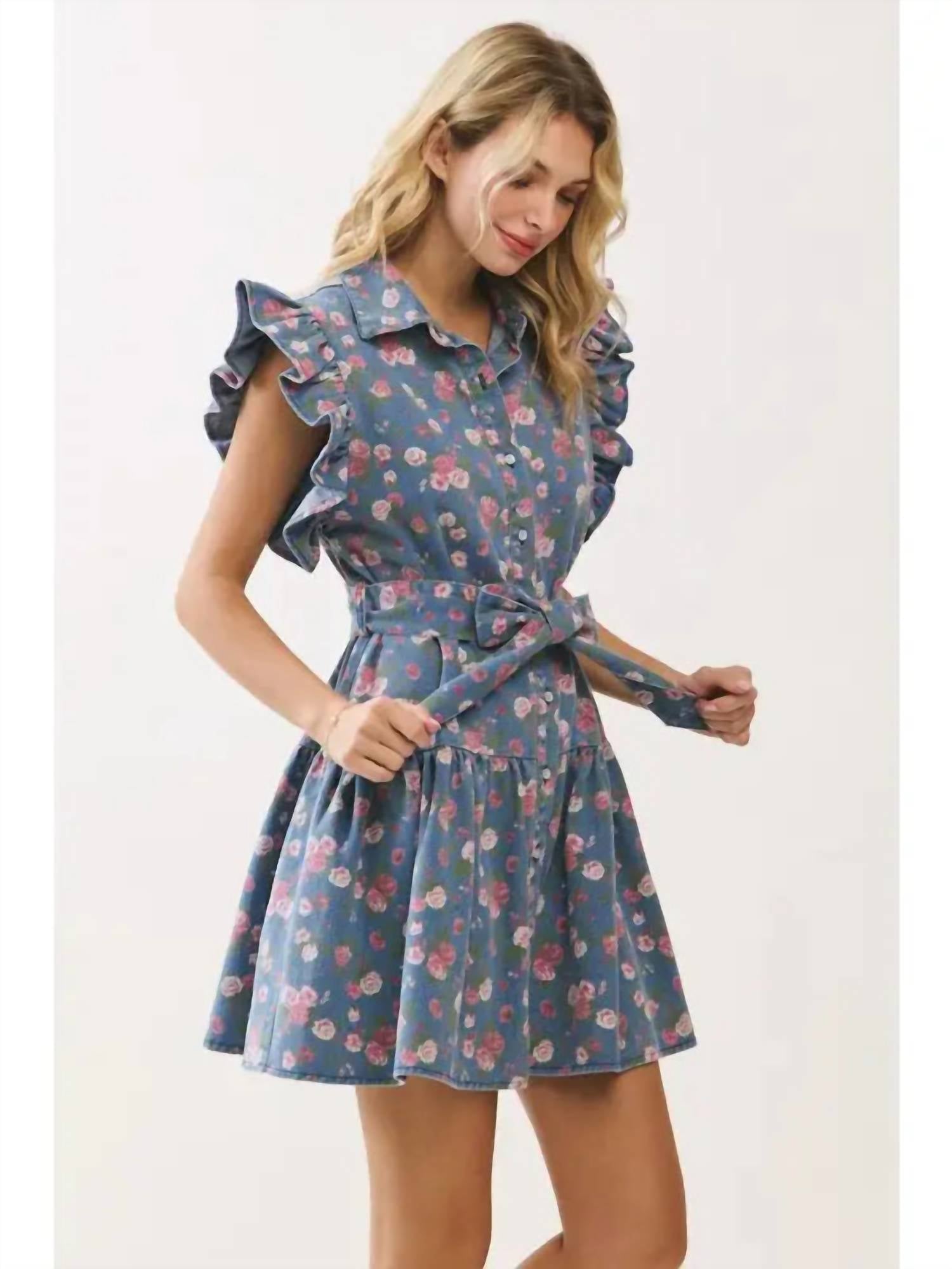 Geegee X Lovelo - Floral Denim Ruffle Dress