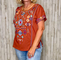 ANDREE BY UNIT Maya Aztec Embroidery Top in orange - women's shirt - detail view