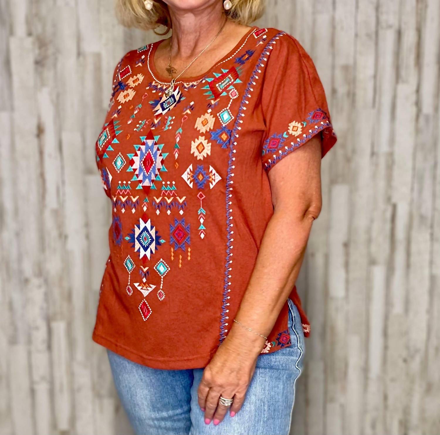 ANDREE BY UNIT Maya Aztec Embroidery Top in orange - women's shirt - detail view