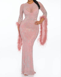 Banjul - Zsa Zsa Gabor Goddess Feather Bell Sleeve Bedazzled Maxi Gown Dress