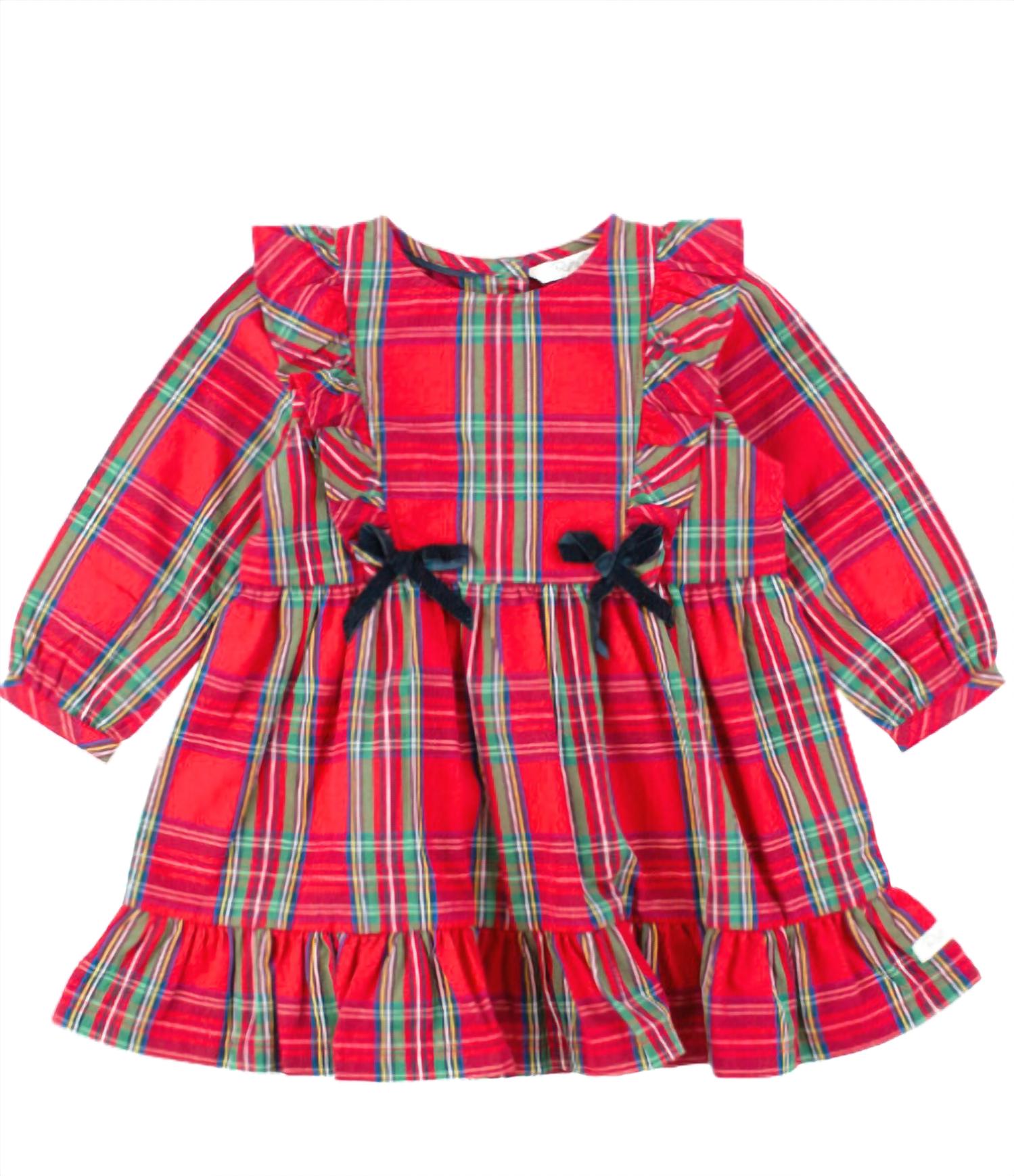 RuffleButts Kid's Tis The Season Ruffle Dress in red - kids' dress - detail view