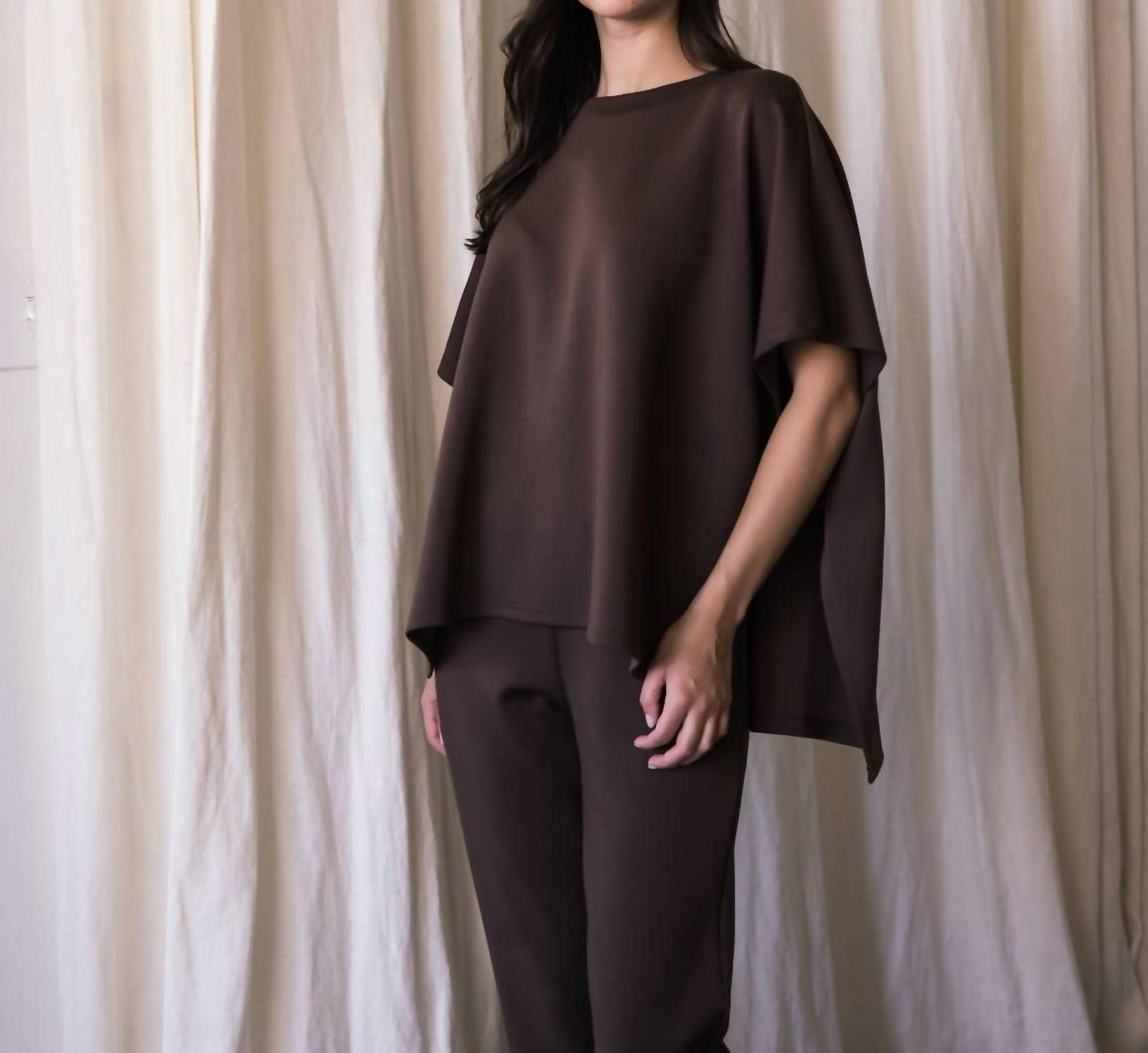 P.CILL Side Slit Cape Top in cocoa - women's blouse - alternate view