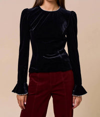 Lalavon - Velvet Touch Pearl Trim Long Sleeve Top
