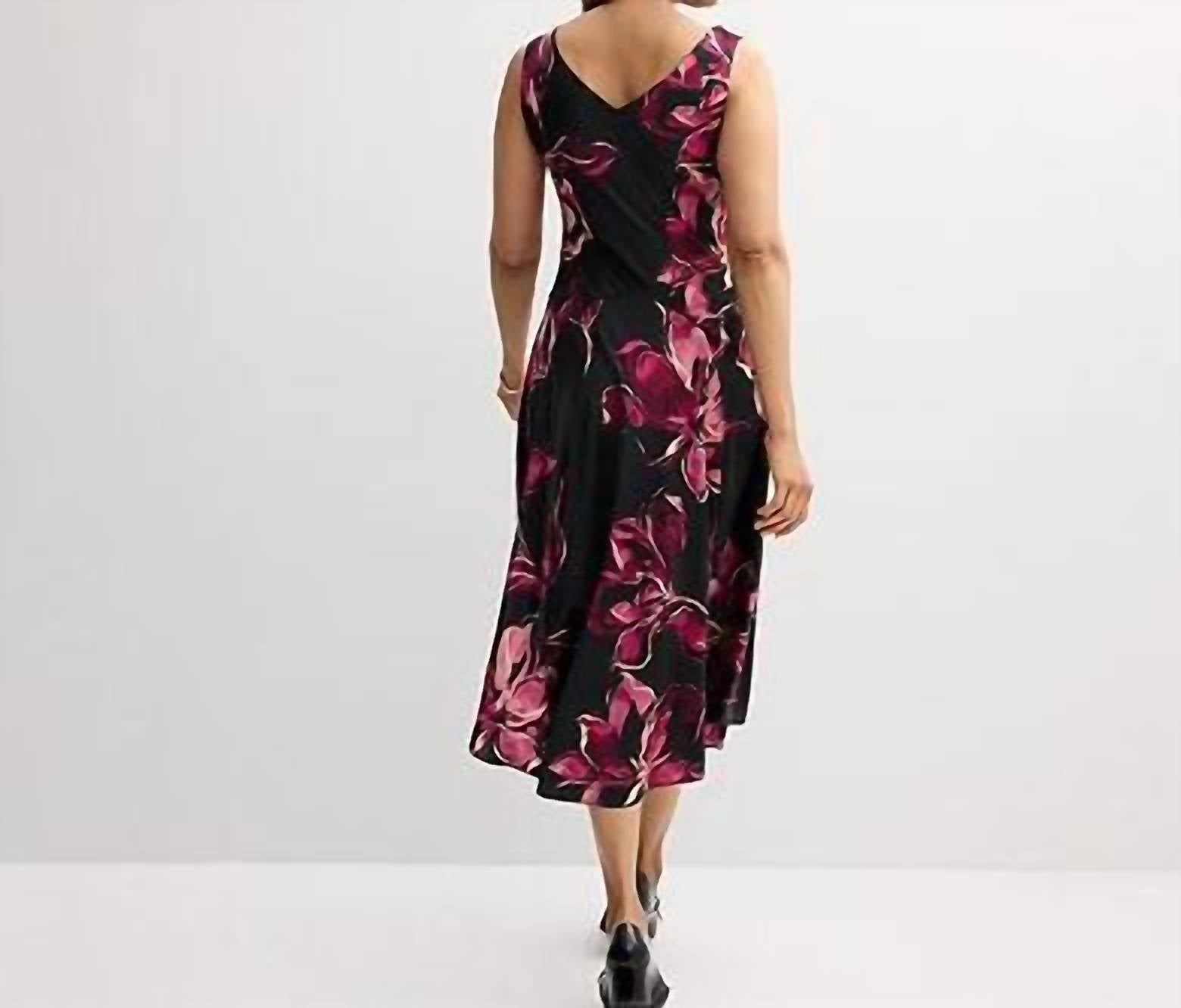 Signature Studio Drape Neck High-low Stain Midi Dress in black - women's dress - detail view